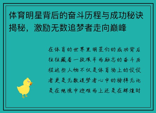 体育明星背后的奋斗历程与成功秘诀揭秘，激励无数追梦者走向巅峰